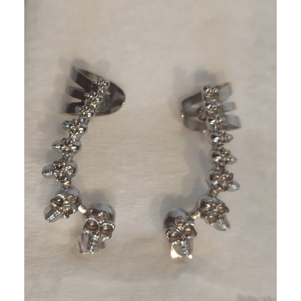 Hot Topic Skull Cubic Zirconia Silver-Toned Gothic Grundge Ear Climber Earrings